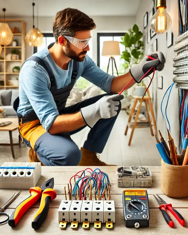 Electricista revisando el cableado de un cuadro eléctrico